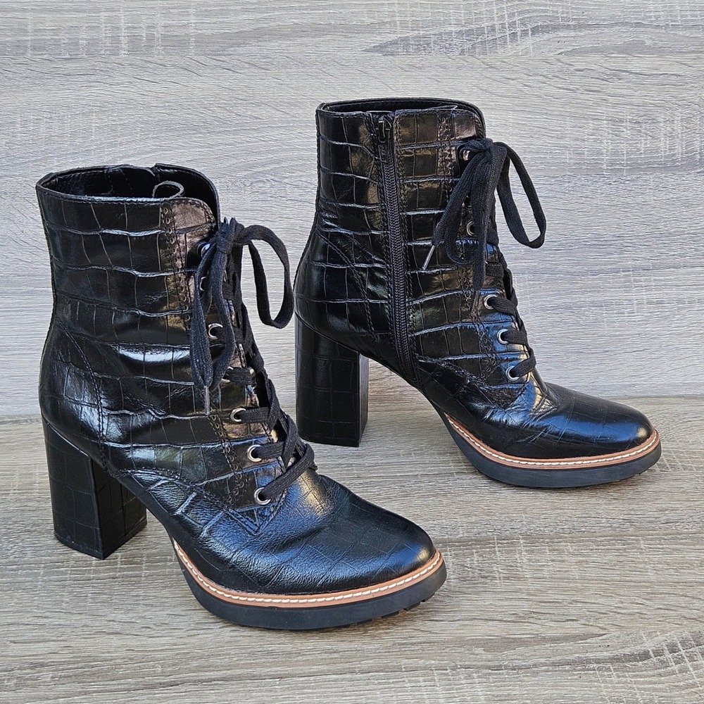 Naturalizer Black Croc Embossed Leather Lace Up Block Heel Combat Boots Size 8.5